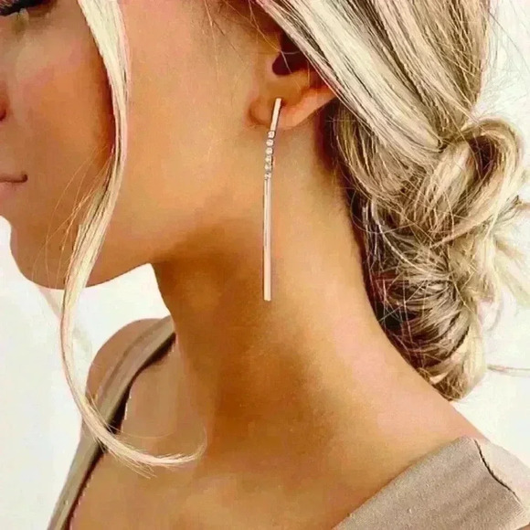 Silver Bar Charm and Rhinestone Earrings - Picture 1 of 2